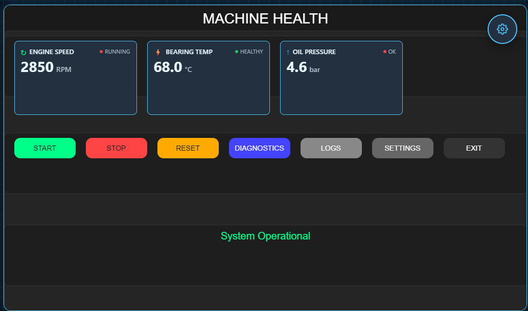 Larry's first ForgeUI draft: a machine health dashboard with RPM, temperature, oil pressure and start-stop controls